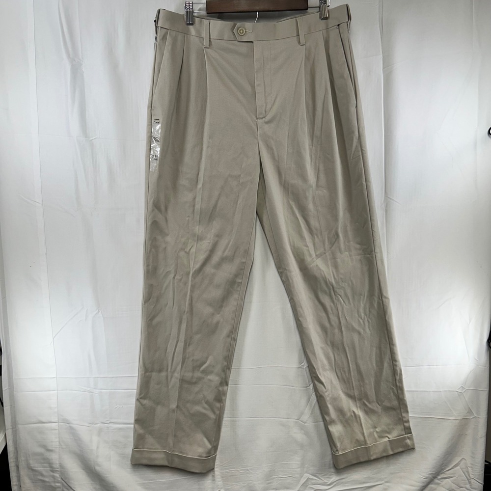 Croft & Barrow Pleated Dress Pants Mens 34x32 Tan No Iron Stretch Khakis